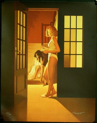 a woman in underwear looking at a woman in a doorway