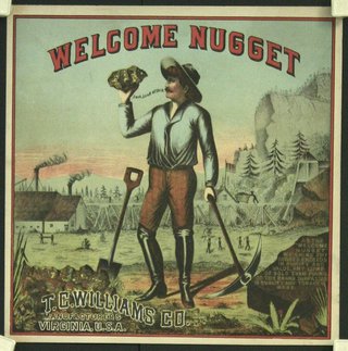 a sign with a man holding a rock and shovels