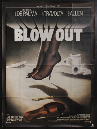 a poster of a woman's feet dangling in front of toilet paper rolls with a toothbrush and shoe on the floor.