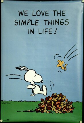 a poster with a cartoon of snoopy jumping over pile of nuts