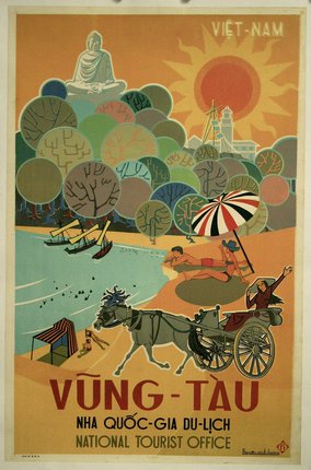 a poster of a beach with a horse carriage and people