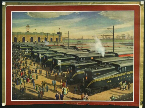 a group of trains in a station