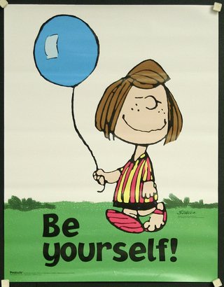 a poster with a cartoon character holding a balloon