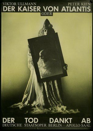 a woman in a garment holding a picture of a skull