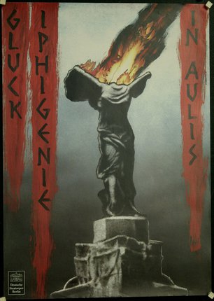 a poster of a statue with a fiery head