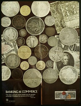 a poster of coins and currency