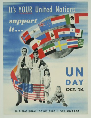 a poster with a group of people and flags