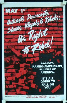 a poster with a brick wall and white text