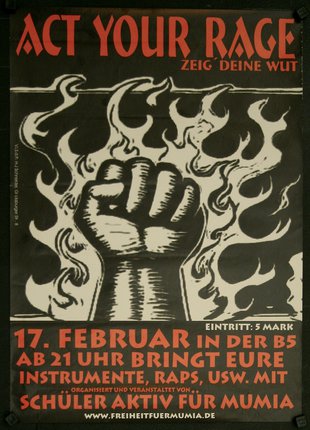 a poster with a fist and flames