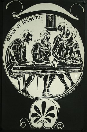 a black and white drawing of men at a table