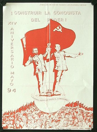 a poster with a red and white flag