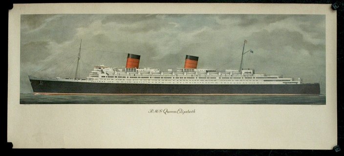 a large ship in water with RMS Queen Mary in the background