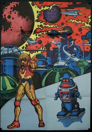 a poster with a cartoon character and a robot