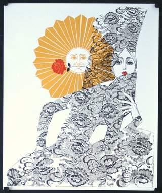 a woman in a dress with a sun and a flower