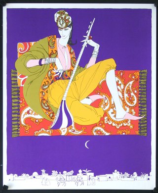 a poster of a woman sitting on a carpet