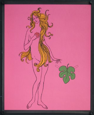 a pink poster with a drawing of a woman