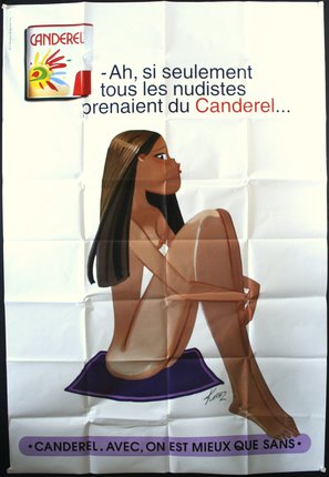 a poster of a woman sitting on a blue pillow