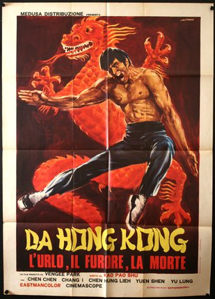 a poster of a man kicking a dragon