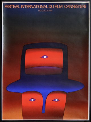 a poster with a blue and red object