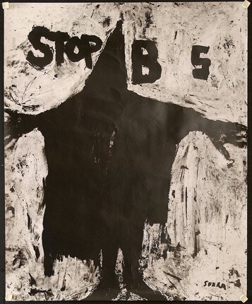 a black and white poster with a scarecrow