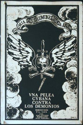 a black and white poster with a skull and wings