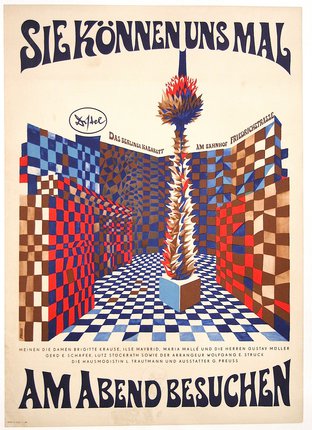a poster of a room with a tall tower