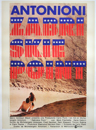 a poster of a man and woman on a beach