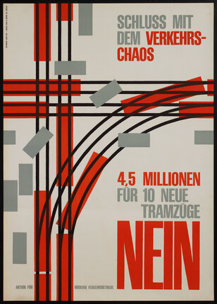 a poster with red and grey blocks moving along black lines abstractly representing street traffic from above