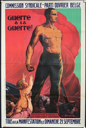 a poster of a man with a hammer and a baby