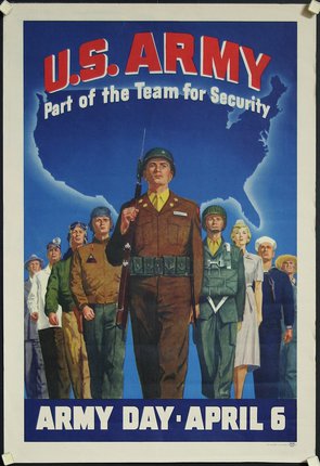 a poster of a soldier and a group of people