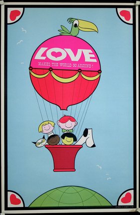 a poster with cartoon characters in a hot air balloon