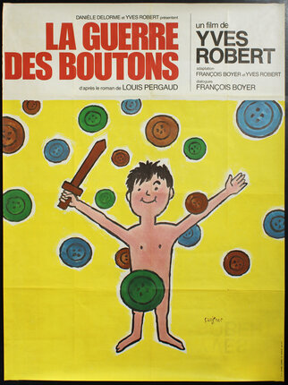 a poster of a man with a sword and buttons