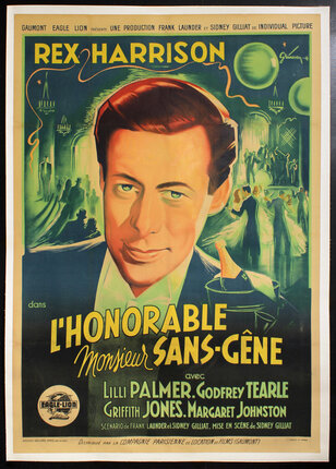 a movie poster with an illustration of a young man (Rex Harrison) in evening wear and a grand party with ball dancers behind him.