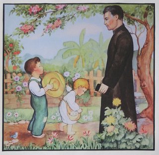 a painting of a man and two children