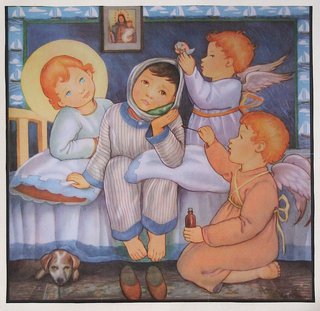 a painting of children sitting on a bed