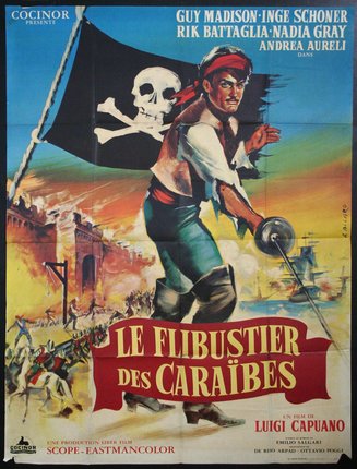 a movie poster of a man holding a sword and a flag