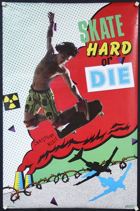 a poster with a man jumping on a skateboard