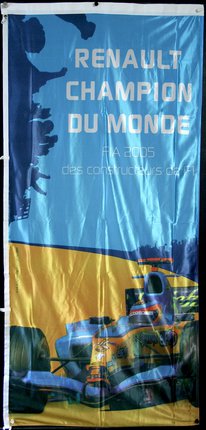 a blue and yellow banner with a picture of a helicopter and a truck