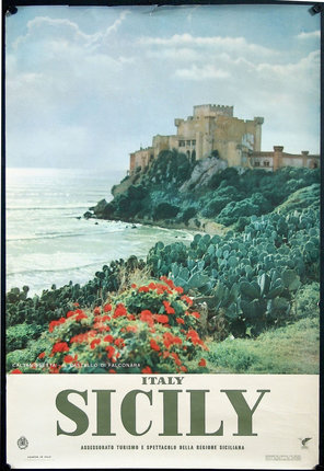 a poster of a castle on a hill with a cactus and water