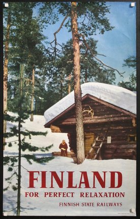 a poster of a log cabin in the snow