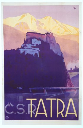 a poster of a mountain and a castle