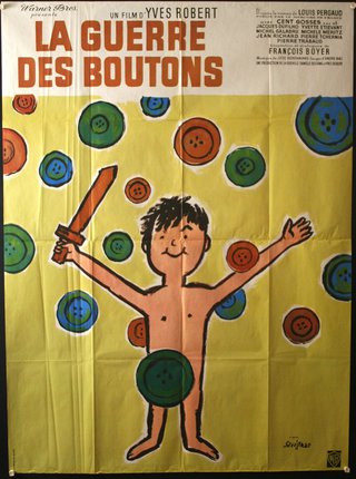 a poster of a boy with a sword and buttons