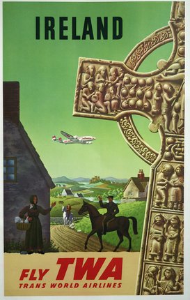a poster of a celtic cross with a man on a horse