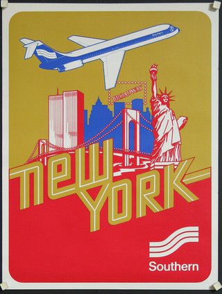a poster with a plane and a statue of liberty and a bridge