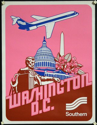 a poster with a plane and a building
