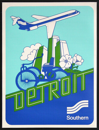 a poster with a plane and a city