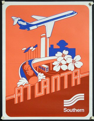 an orange and blue poster with a plane and a city