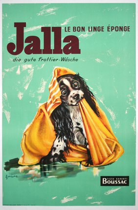 a poster of a dog wrapped in a yellow blanket