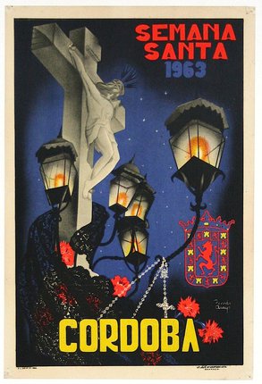 a poster of a cross with a crucifix and lanterns