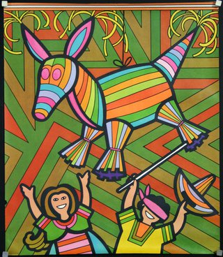 a colorful poster with a donkey and people